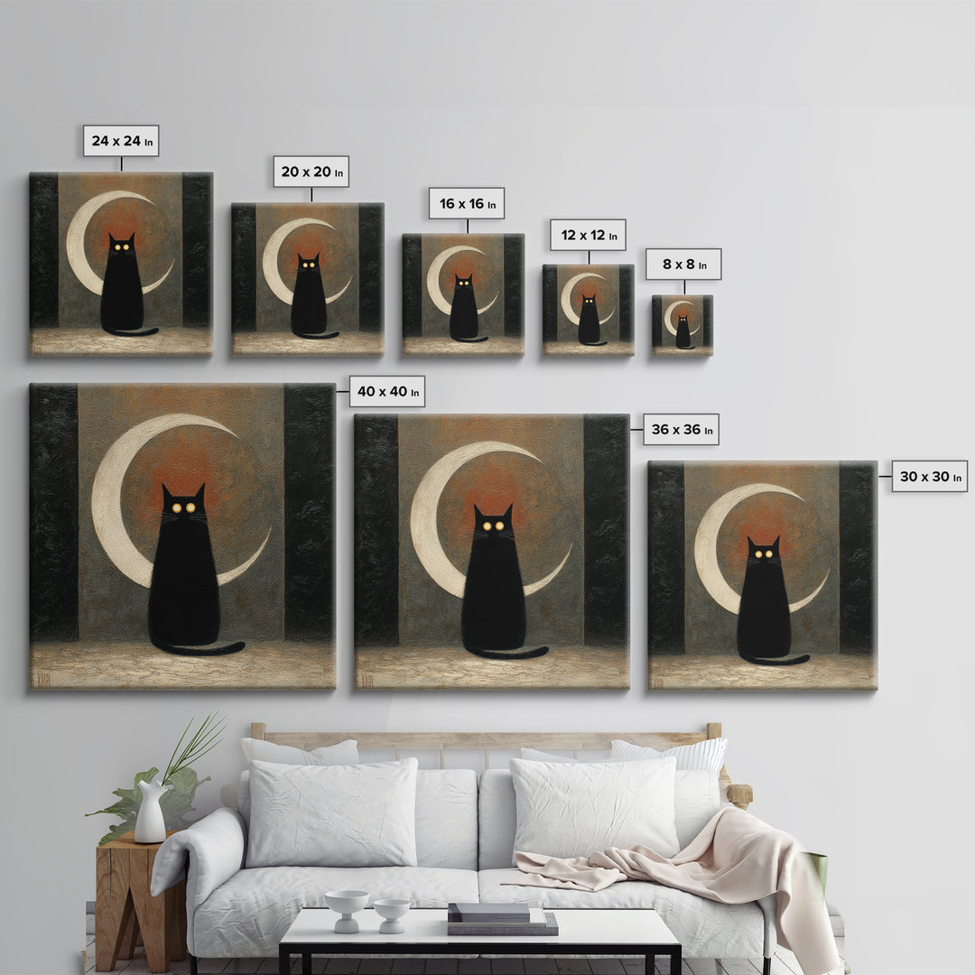 Black Cat with Glowing Eyes under Crescent Canvas Print, Dark Art, Statement Artwork, Living Room Decor, Fine Art, Nocturne, DAR-1x1-9