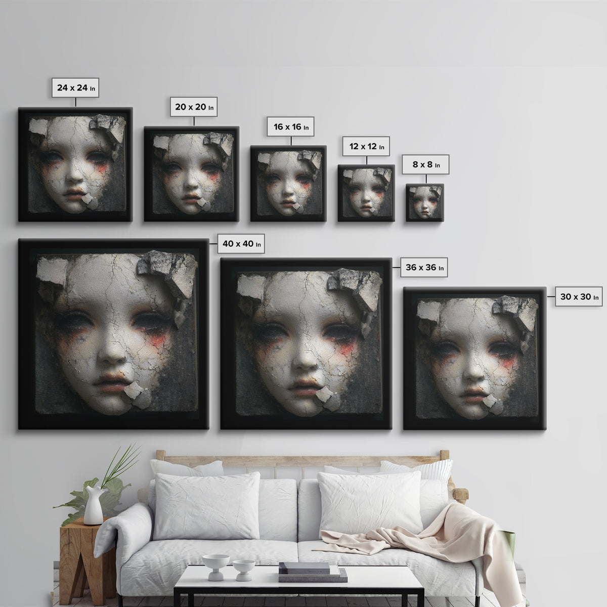 Cracked Porcelain Doll Portrait Canvas Print, Dark Art, Fine Art Print, Living Room Decor, Oil Painting, Nocturne, Wall Decor, DAR-1x1-95