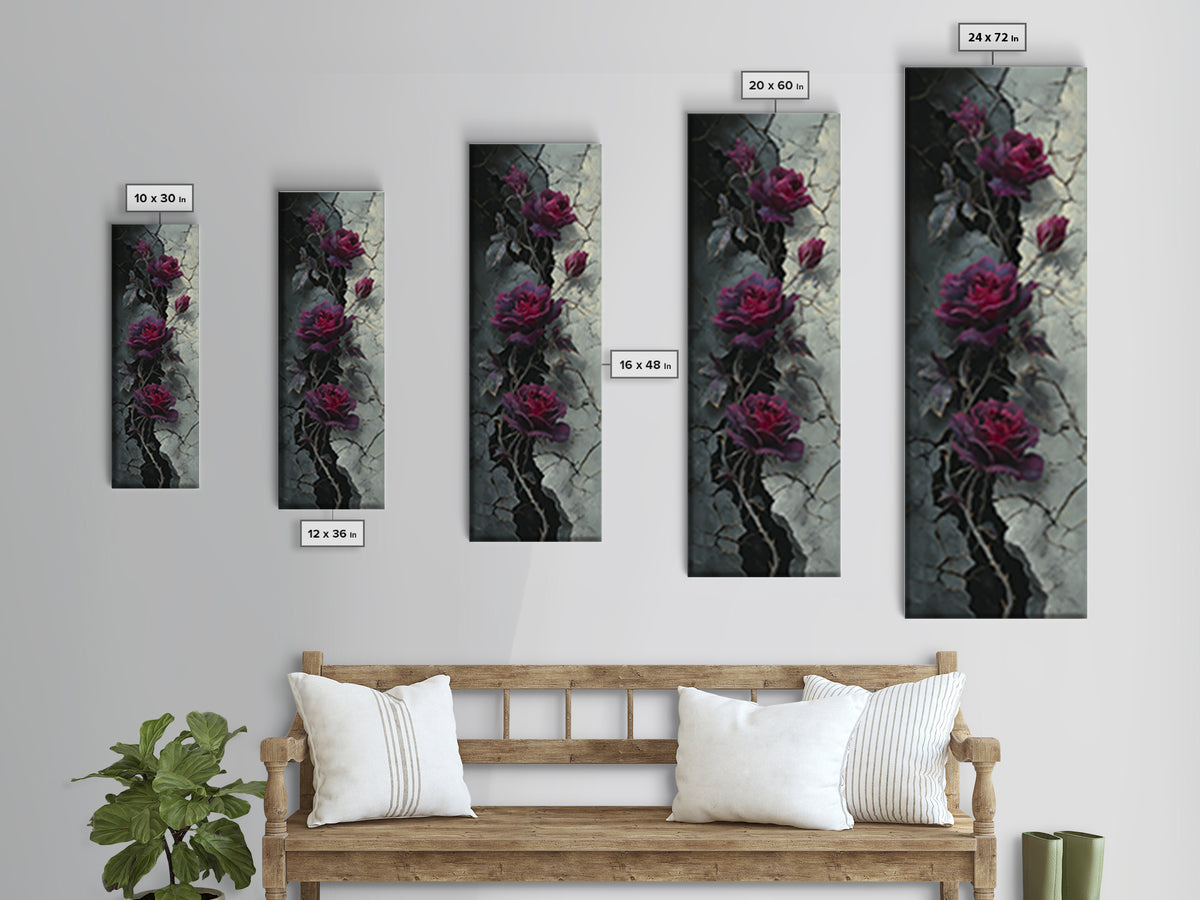 Black Roses Blooming from Cracked Stone Canvas Print, Dark Art, Gallery Decor, Living Room Decor, Fine Art, Nocturne, DAR-1x3-14