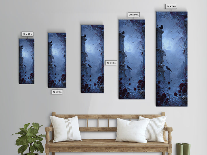 Silent Graveyard with Blue Moon Haze Framed Canvas Print, Dark Art, Horror Wall Art, Living Room Decor, Oil Painting, Nocturne, DAR-1x3-54