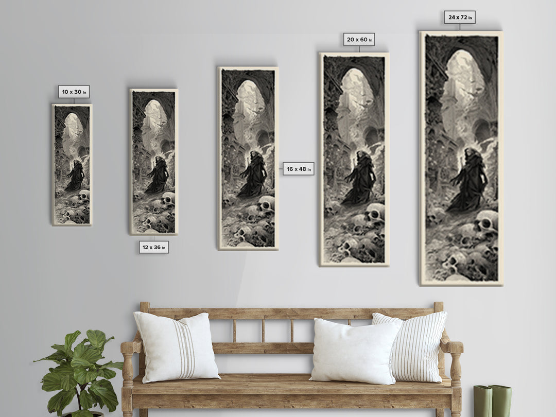 The Endless Catacombs, Gothic Engraving Art, Tall Narrow Wall Art, Dark Halloween Decor, Canvas Print, Halloween Wall Art