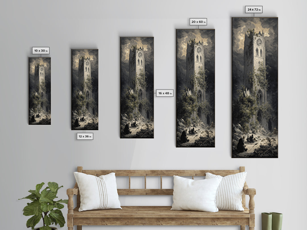 The Overgrown Chapel, Gothic Engraving Art, Tall Narrow Wall Art, Dark Halloween Decor, Canvas Print, Halloween Wall Art
