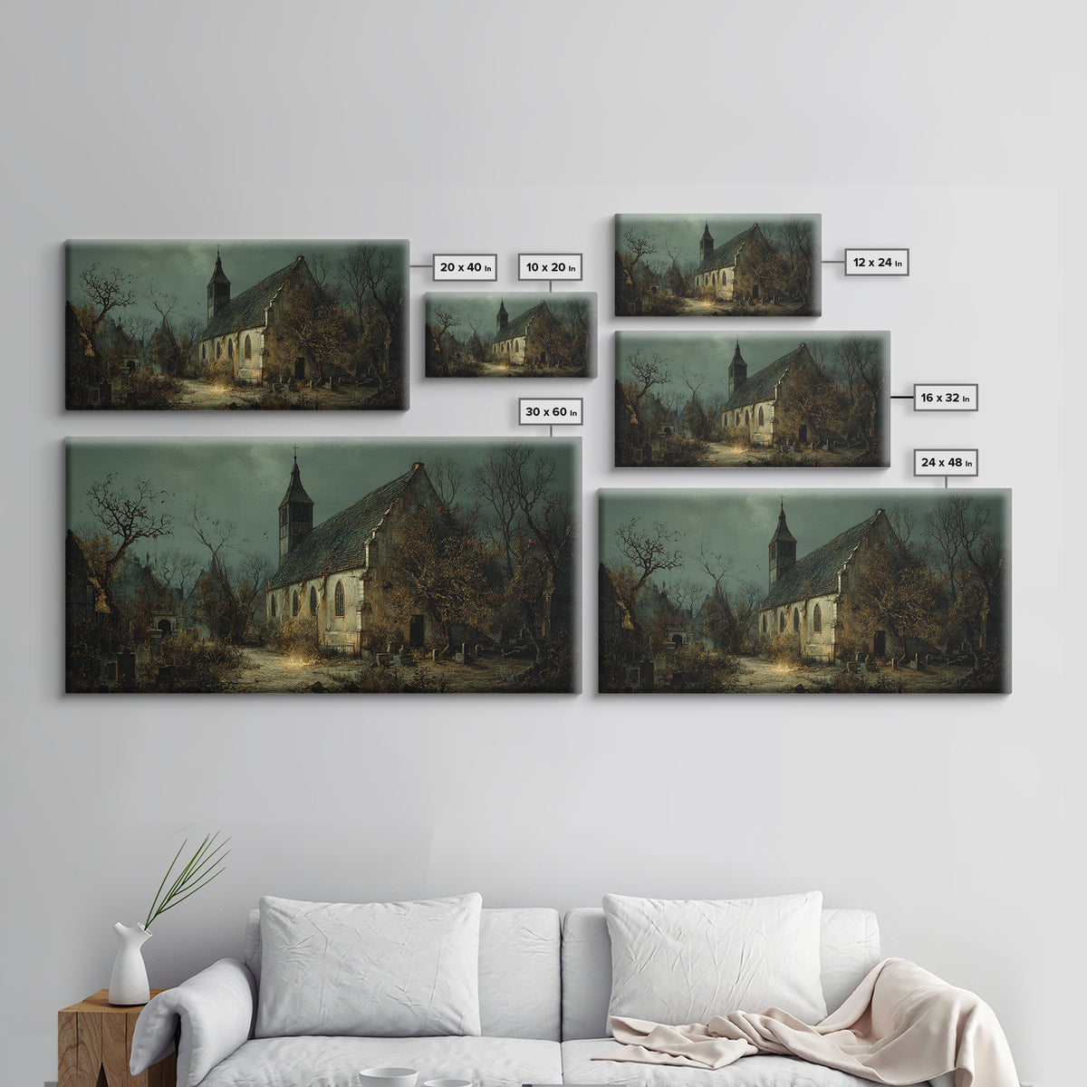 The Overgrown Chapel, Northern Renaissance Horror, Wide Panoramic Art, Dark Halloween Decor, Canvas Print, Halloween Wall Art