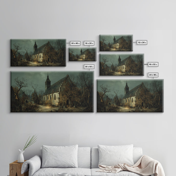 The Overgrown Chapel, Northern Renaissance Horror, Wide Panoramic Art, Dark Halloween Decor, Canvas Print, Halloween Wall Art