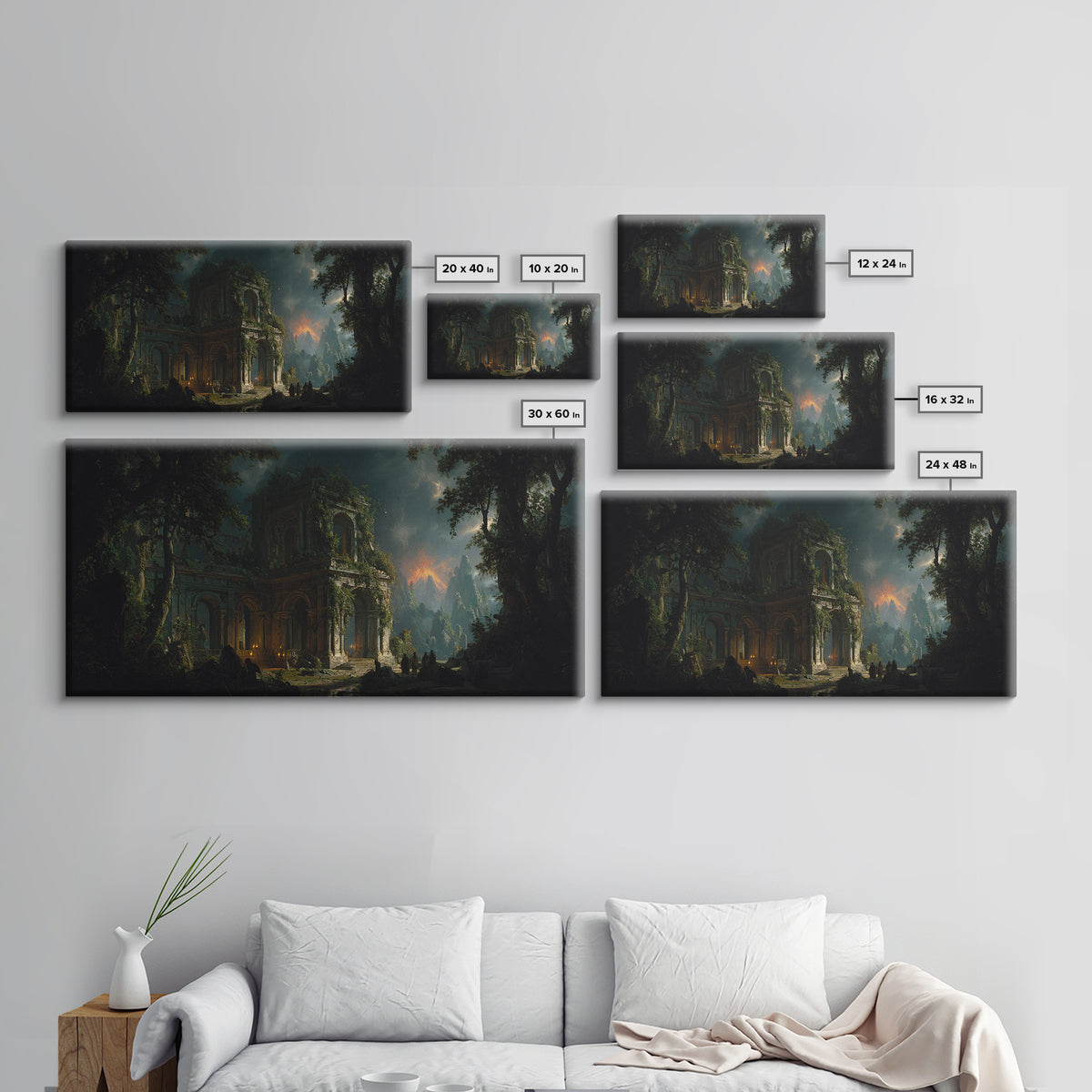 The Overgrown Chapel, Apocalyptic Romantic Art, Wide Panoramic Art, Dark Fantasy Wall Art, Framed Canvas Print, Halloween Wall Art
