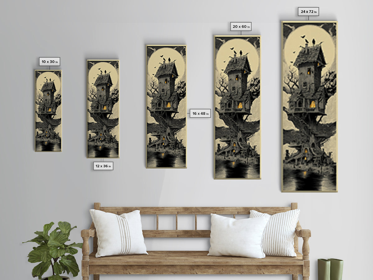 The Foggy Swamp Shack, Gothic Engraving Art, Tall Narrow Wall Art, Dark Halloween Decor, Framed Canvas Print, Halloween Wall Art