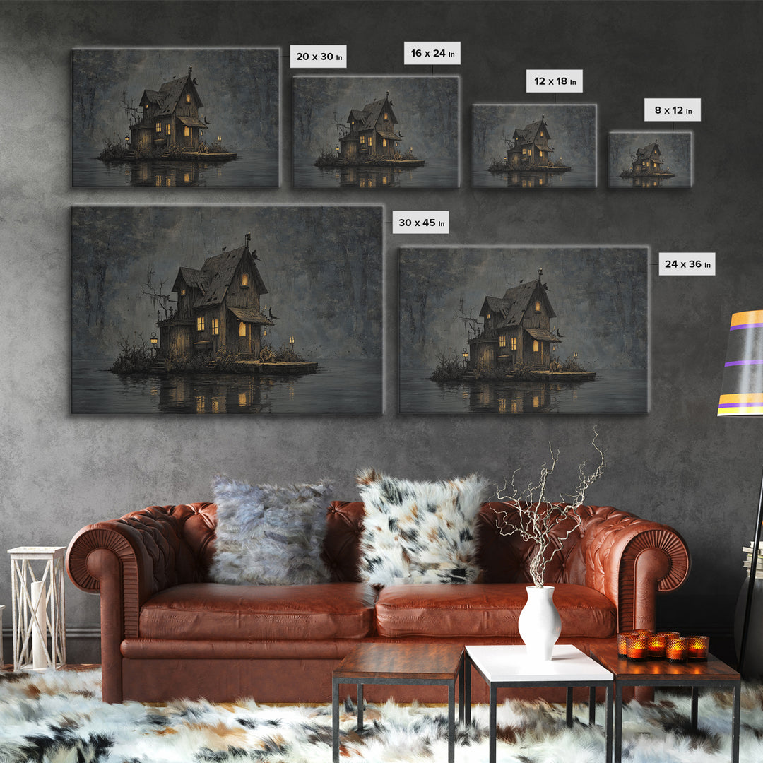 The Foggy Swamp Shack, Medieval Grotesque Art, Landscape Wall Art, Macabre Wall Art, Canvas Print, Halloween Wall Art