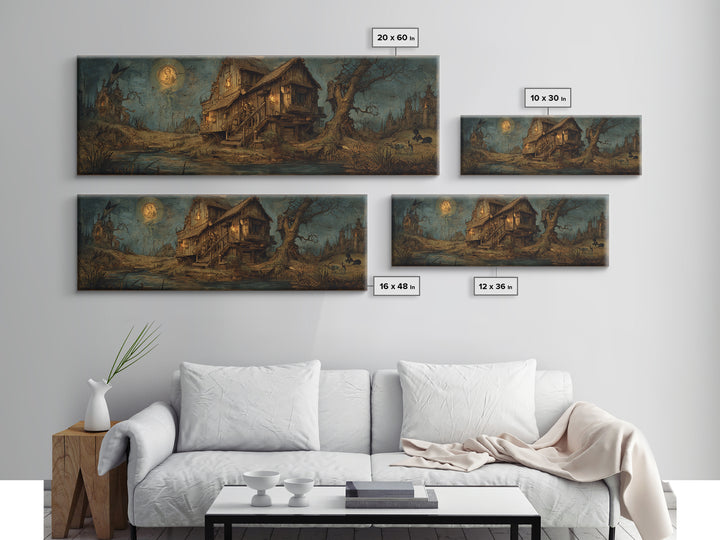 The Foggy Swamp Shack, Dark Renaissance Art, Extra Wide Wall Art, Dark Halloween Decor, Framed Canvas Print, Halloween Wall Art