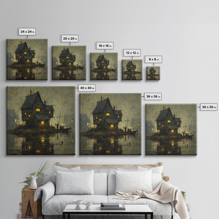 The Foggy Swamp Shack, Danse Macabre Art, Square Wall Art, Gothic Horror Wall Art, Framed Canvas Print