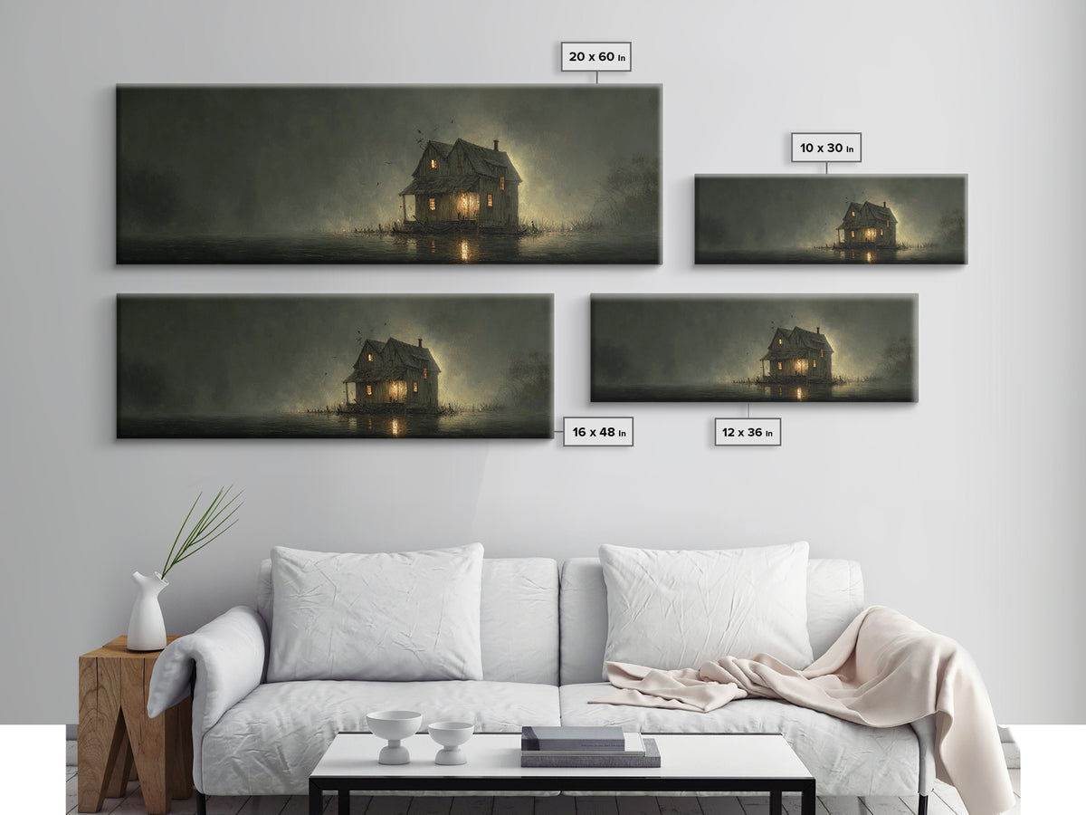 The Foggy Swamp Shack, Dark Romantic Horror Art, Extra Wide Wall Art, Macabre Wall Art, Canvas Print, Halloween Wall Art