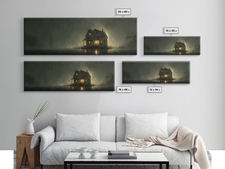 The Foggy Swamp Shack, Dark Romantic Horror Art, Extra Wide Wall Art, Macabre Wall Art, Canvas Print, Halloween Wall Art