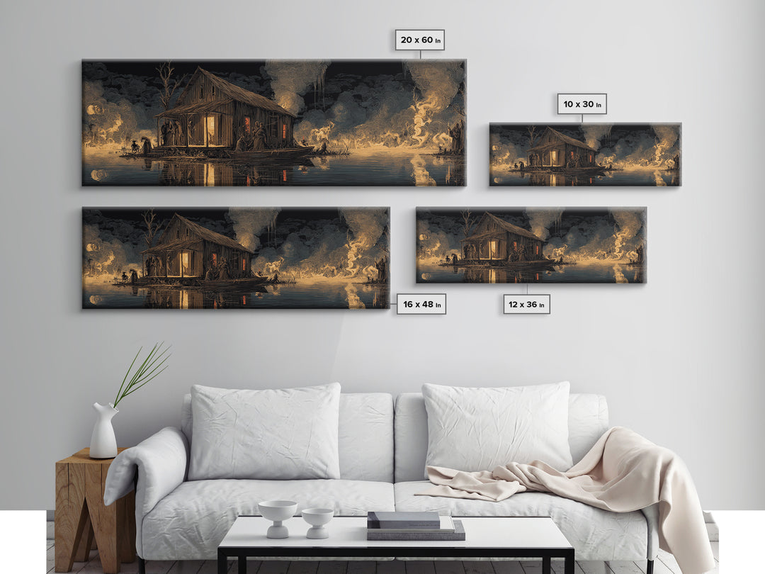 The Foggy Swamp Shack, Visionary Gothic Art, Extra Wide Wall Art, Dark Halloween Decor, Framed Canvas Print, Halloween Wall Art