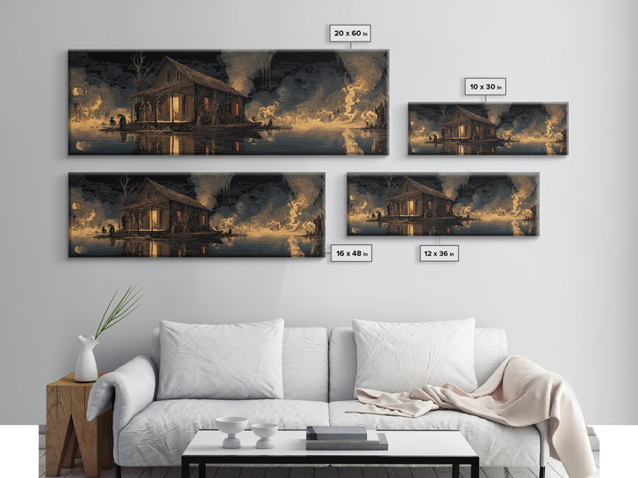 The Foggy Swamp Shack, Visionary Gothic Art, Extra Wide Wall Art, Dark Halloween Decor, Framed Canvas Print, Halloween Wall Art