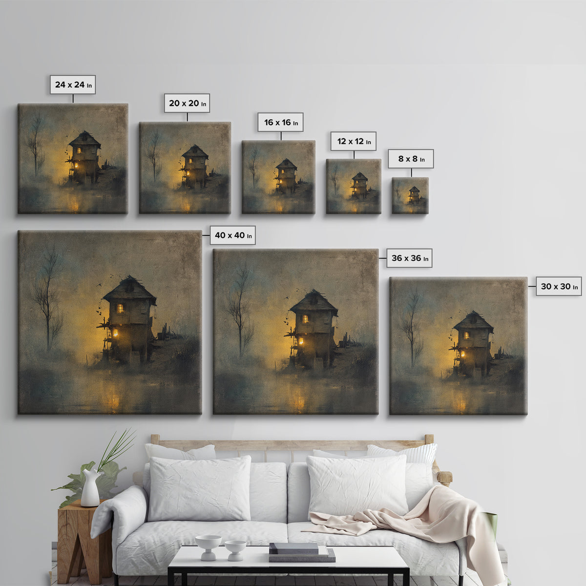 The Foggy Swamp Shack, Symbolist Dream Art, Square Wall Art, Dark Fantasy Wall Art, Canvas Print, Halloween Wall Art, Macabre Wall Art