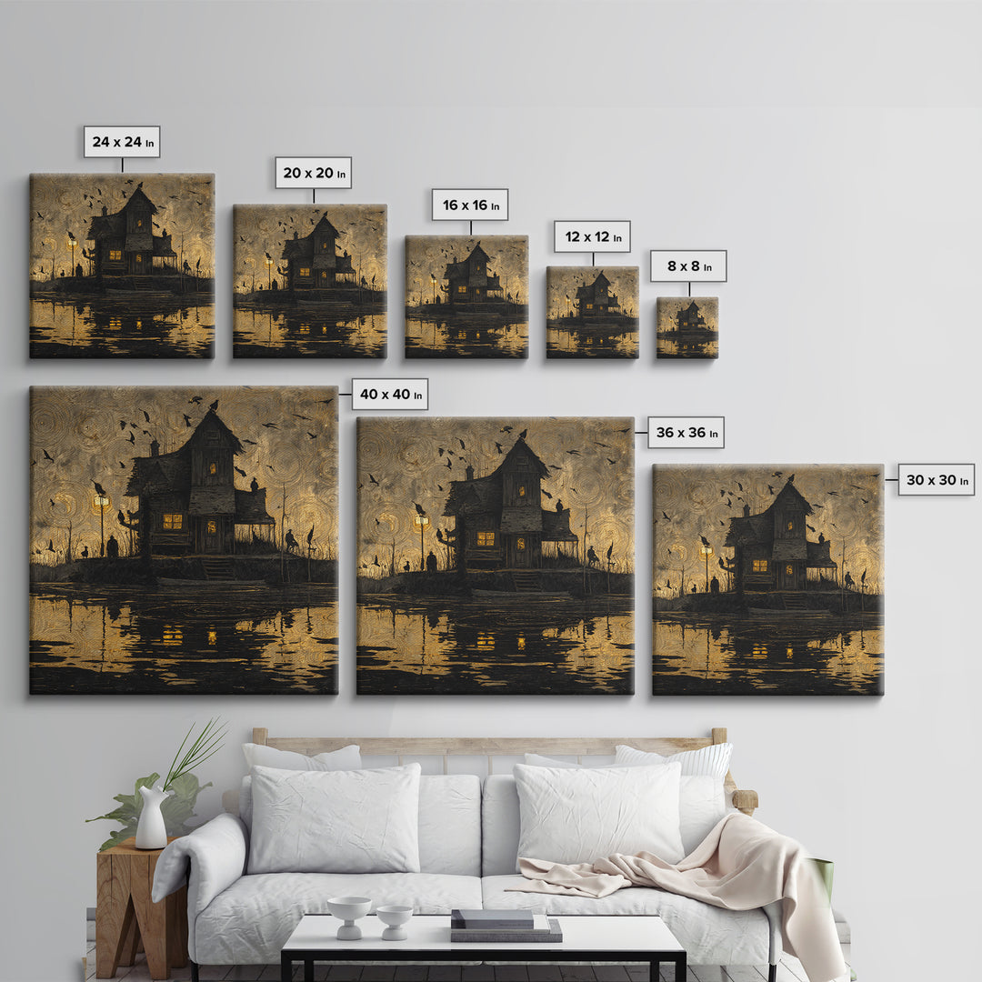 The Foggy Swamp Shack, Dark Symbolist Art, Square Wall Art, Macabre Wall Art, Framed Canvas Print, Halloween Wall Art