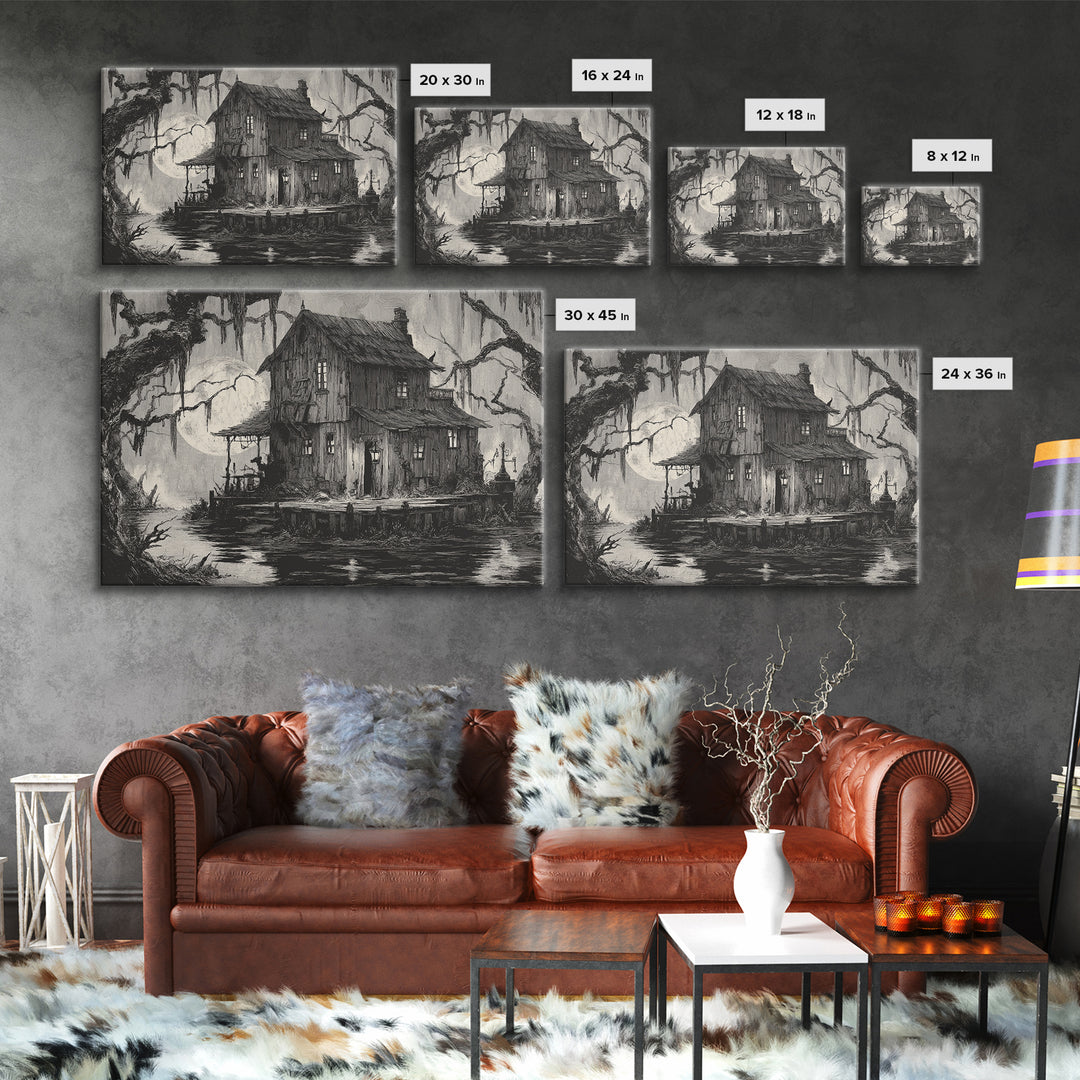 The Foggy Swamp Shack, Expressionist Nightmare Art, Landscape Wall Art, Gothic Horror Wall Art, Canvas Print, Halloween Wall Art