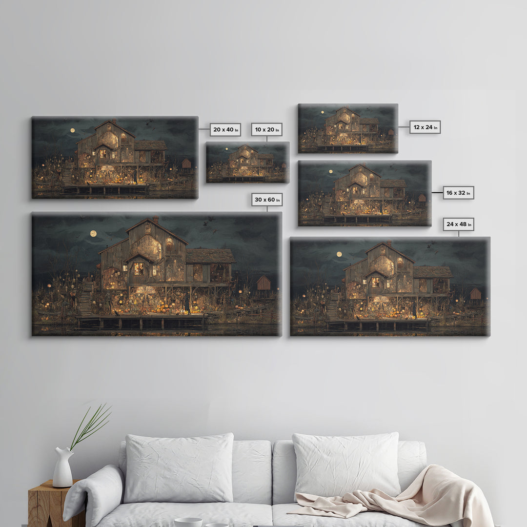 The Foggy Swamp Shack, Grotesque Carnival Art, Wide Panoramic Art, Gothic Horror Wall Art, Framed Canvas Print, Halloween Wall Art