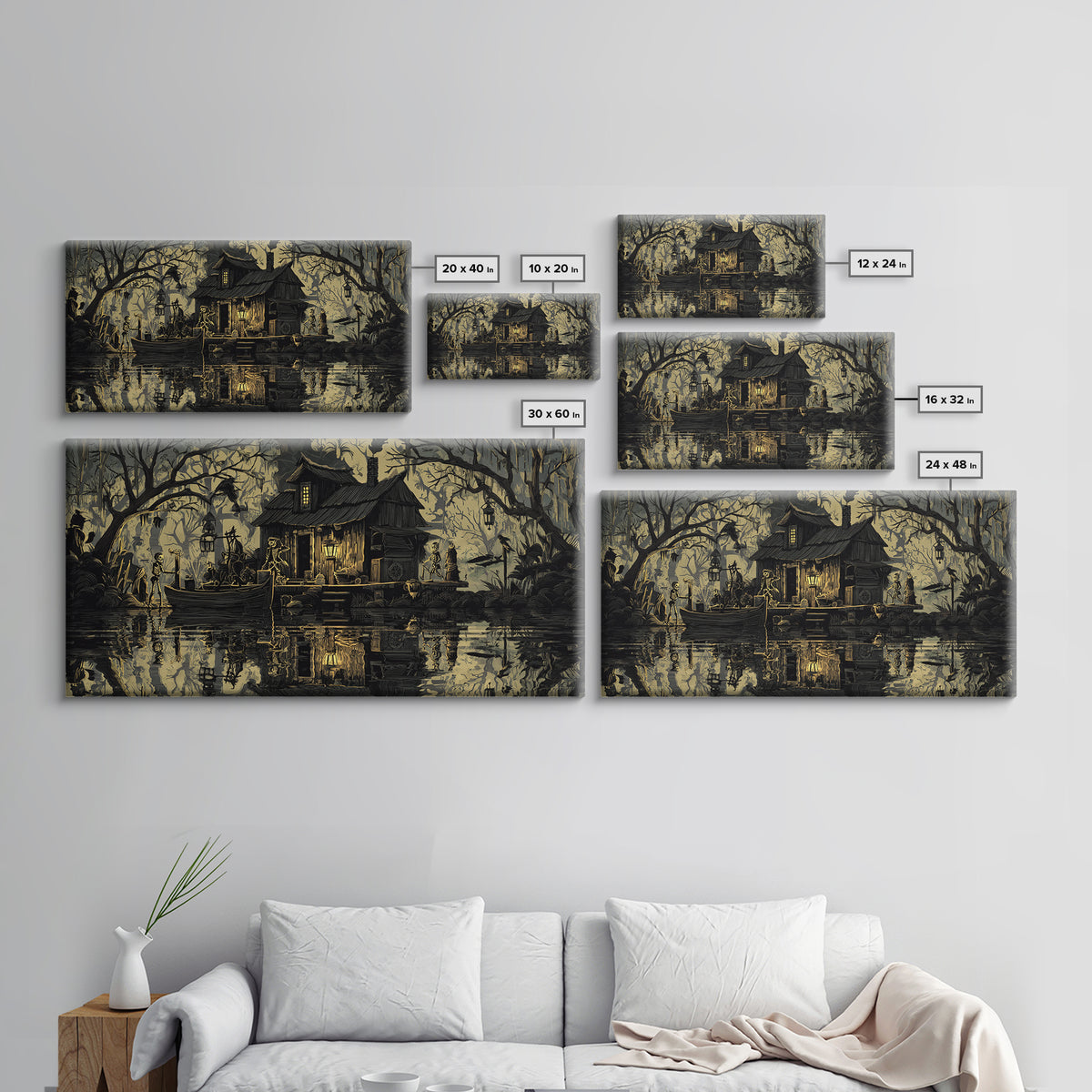 The Foggy Swamp Shack, Macabre Folk Print Art, Wide Panoramic Art, Gothic Horror Wall Art, Canvas Print, Halloween Wall Art