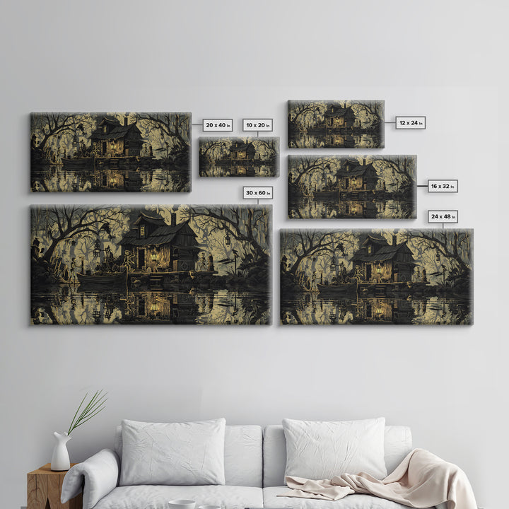 The Foggy Swamp Shack, Macabre Folk Print Art, Wide Panoramic Art, Gothic Horror Wall Art, Canvas Print, Halloween Wall Art