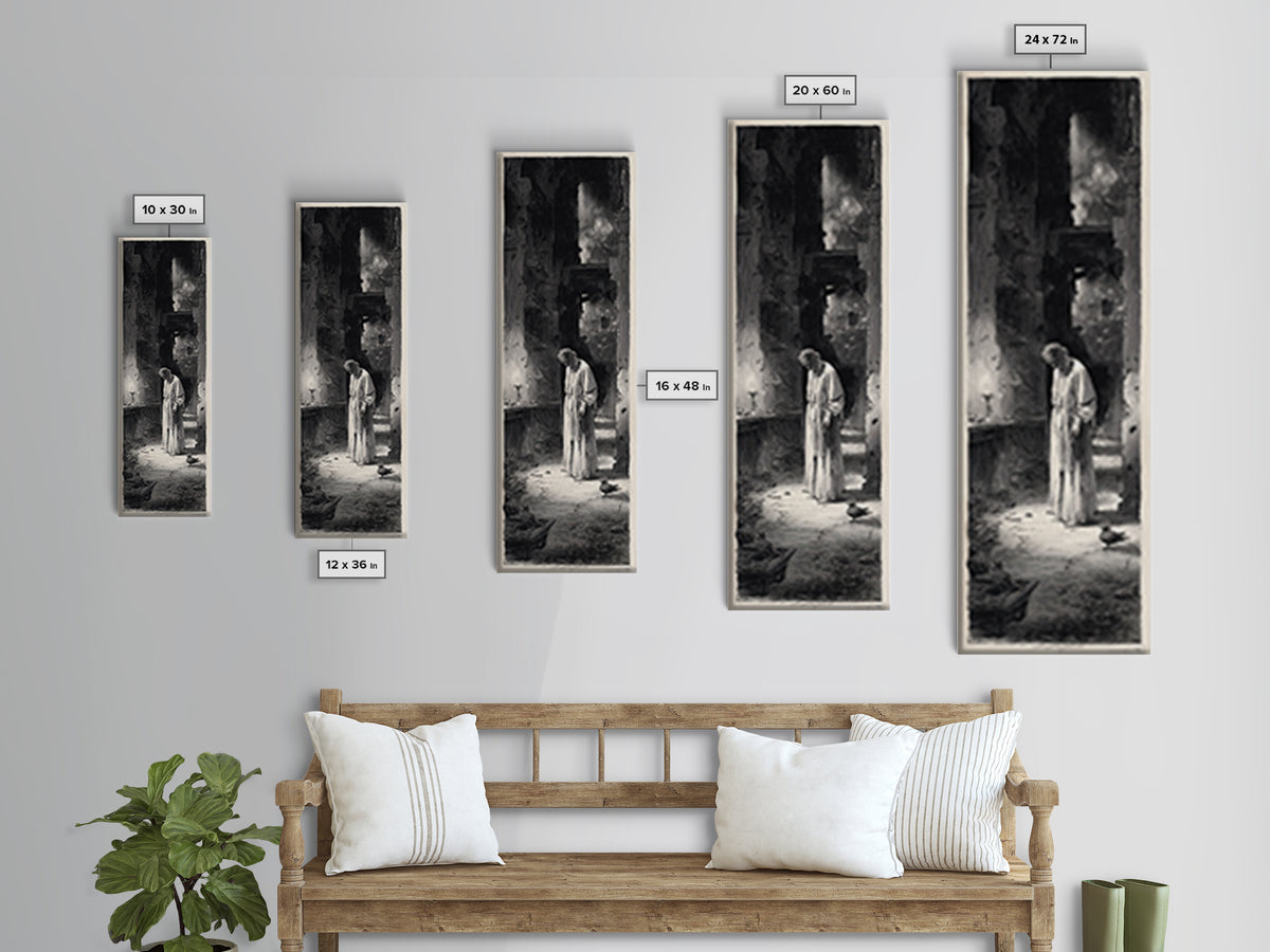 The Derelict Asylum, Gothic Engraving Art, Tall Narrow Wall Art, Dark Halloween Decor, Framed Canvas Print, Halloween Wall Art