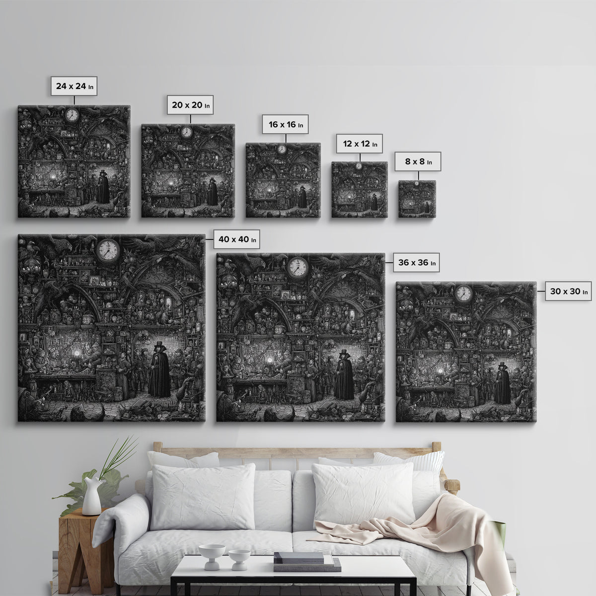 The Midnight Antique Shop, Renaissance Engraving Art, Square Wall Art, Dark Fantasy Wall Art, Framed Canvas Print, Halloween Wall Art
