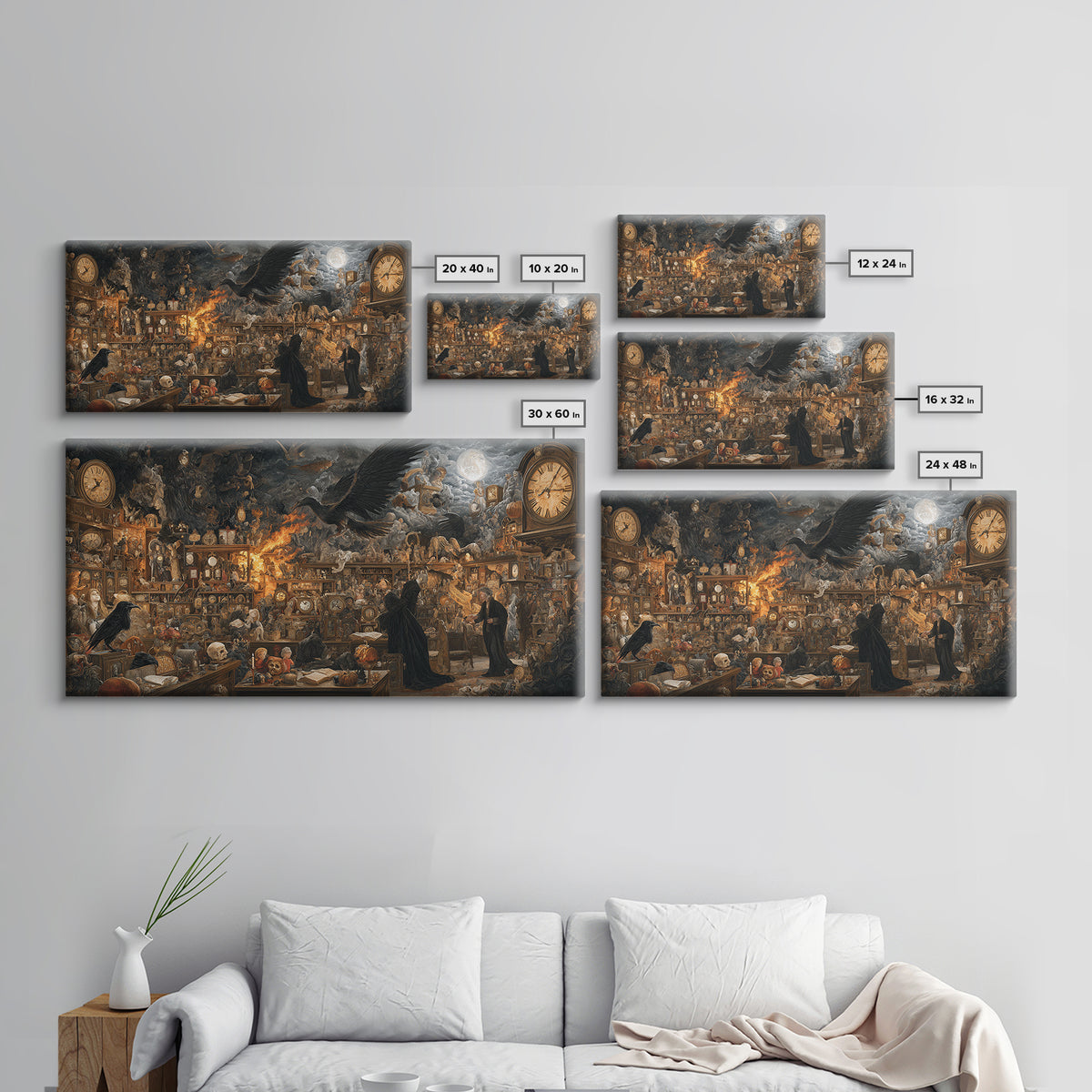 The Midnight Antique Shop, Visionary Gothic Art, Wide Panoramic Art, Gothic Horror Wall Art, Framed Canvas Print, Halloween Wall Art