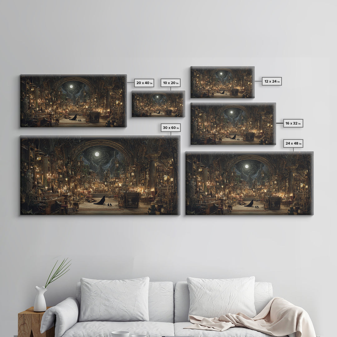 The Midnight Antique Shop, Apocalyptic Romantic Art, Wide Panoramic Art, Gothic Horror Wall Art, Canvas Print, Halloween Wall Art