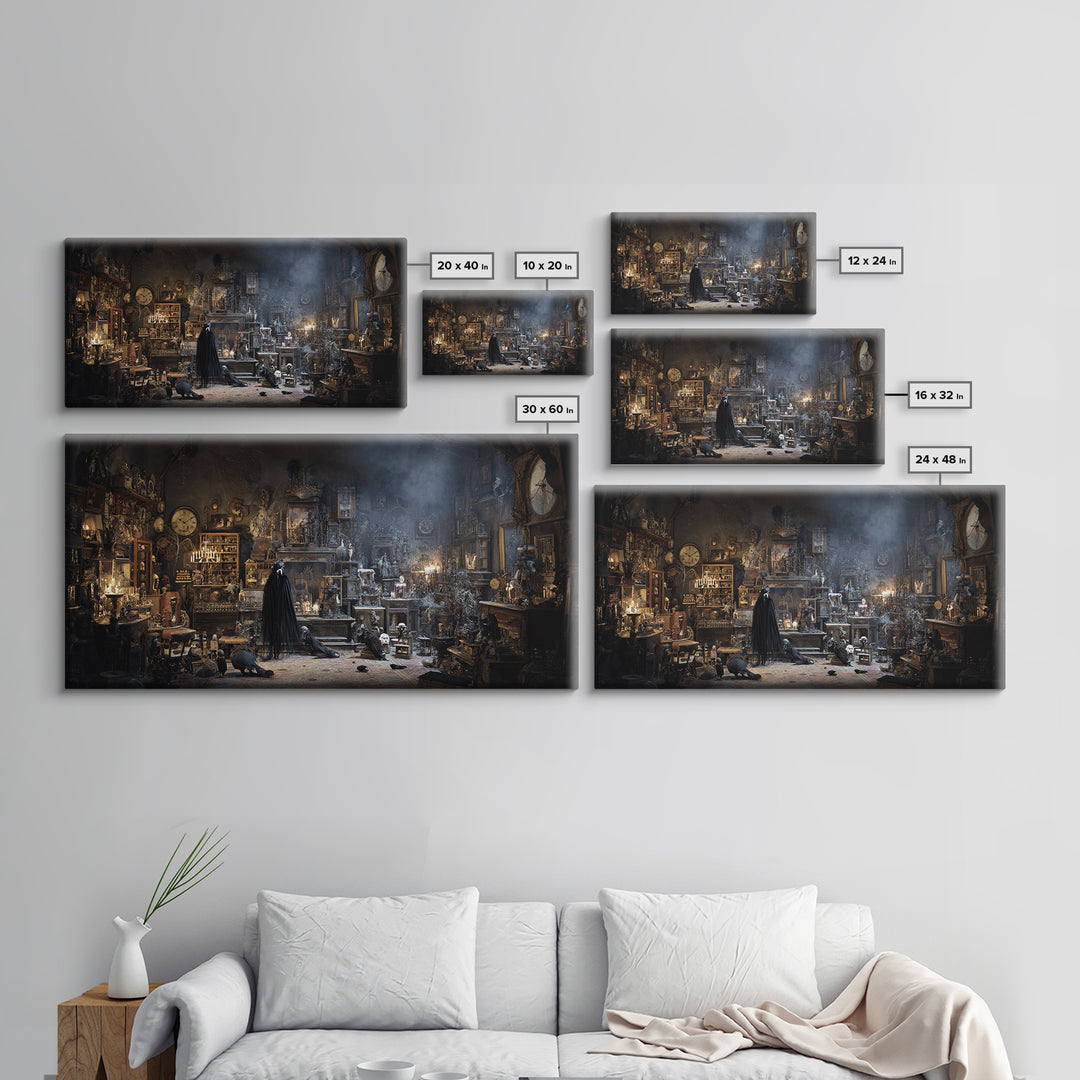 The Midnight Antique Shop, Expressionist Nightmare Art, Wide Panoramic Art, Gothic Horror Wall Art, Canvas Print, Halloween Wall Art