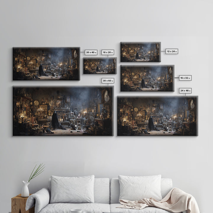 The Midnight Antique Shop, Expressionist Nightmare Art, Wide Panoramic Art, Gothic Horror Wall Art, Canvas Print, Halloween Wall Art