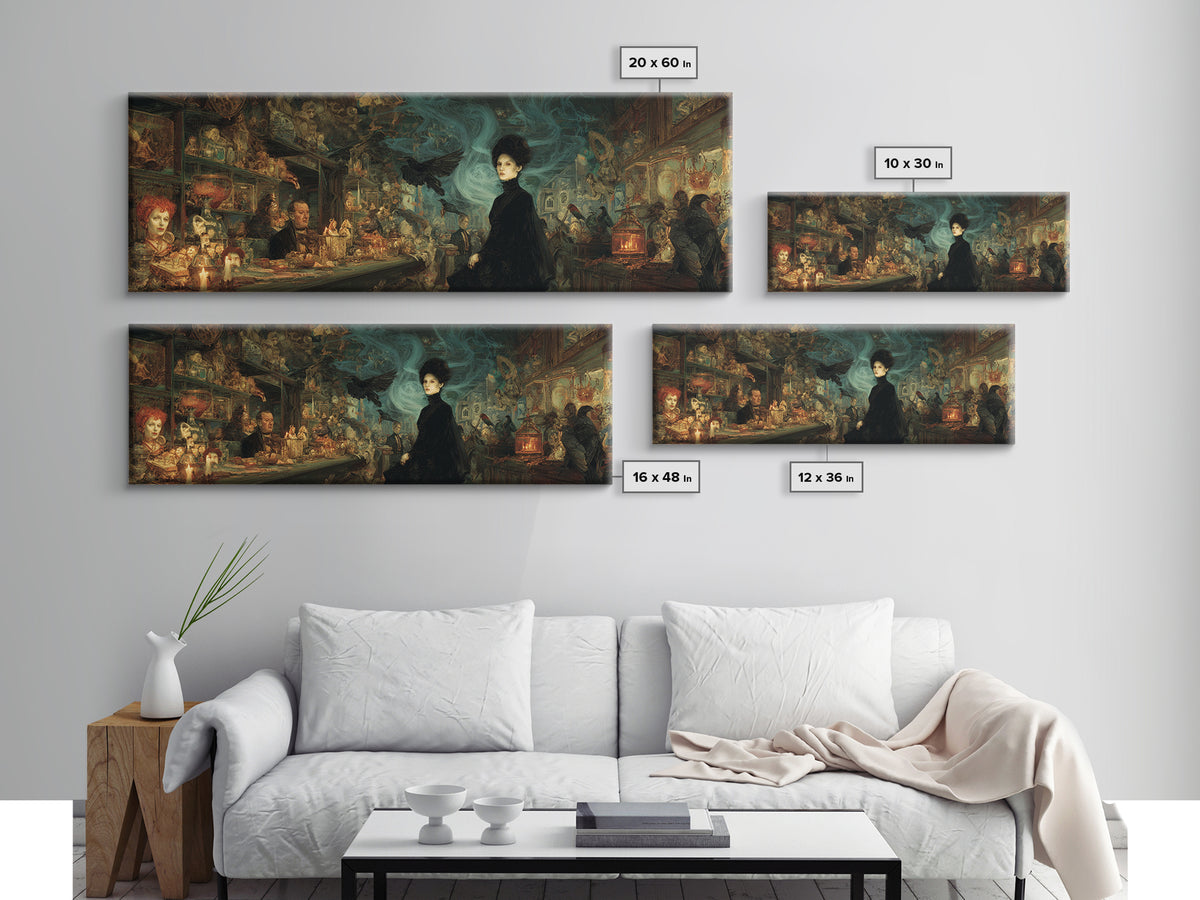 The Midnight Antique Shop, Expressionist Gothic Art, Extra Wide Wall Art, Dark Halloween Decor, Framed Canvas Print, Halloween Wall Art