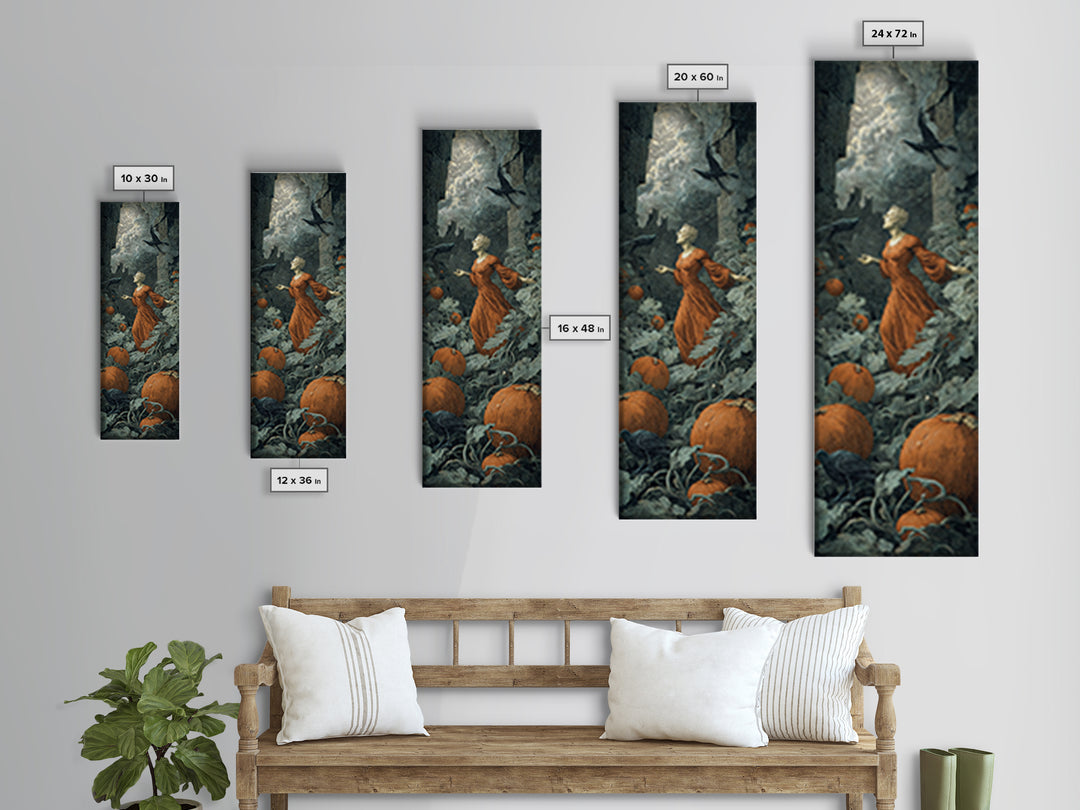 The Pumpkin Patch Maze, Gothic Engraving Art, Tall Narrow Wall Art, Macabre Wall Art, Framed Canvas Print, Halloween Wall Art