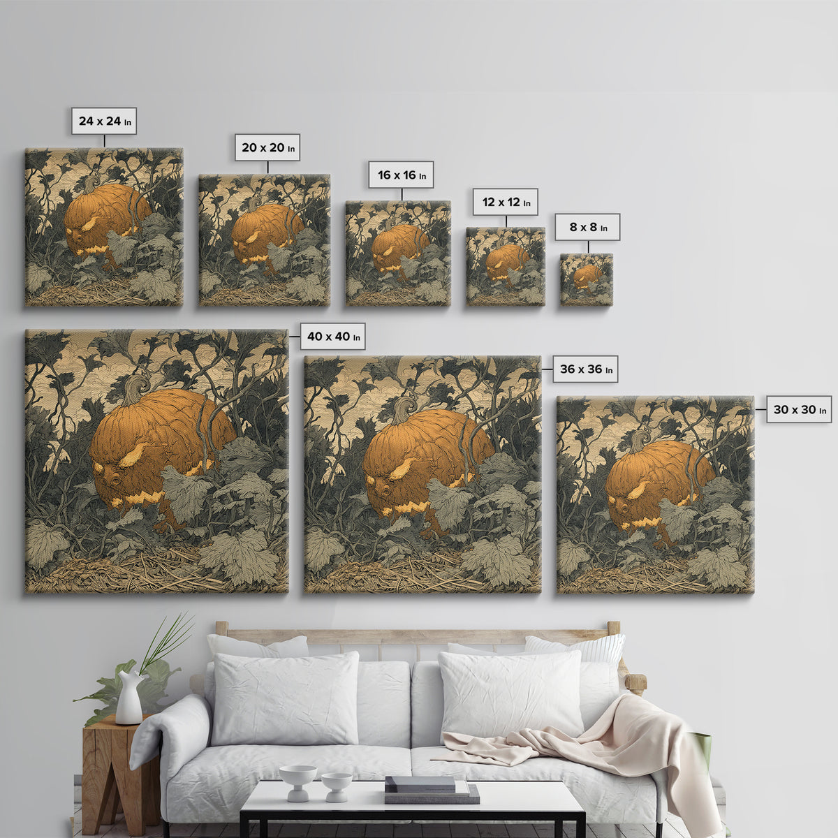 The Pumpkin Patch Maze, Renaissance Engraving Art, Square Wall Art, Dark Fantasy Wall Art, Canvas Print, Halloween Wall Art
