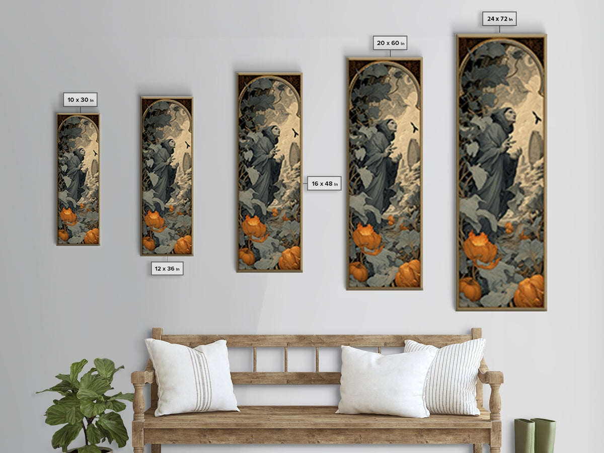 The Pumpkin Patch Maze, Symbolist Death Art, Tall Narrow Wall Art, Dark Fantasy Wall Art, Canvas Print, Halloween Wall Art