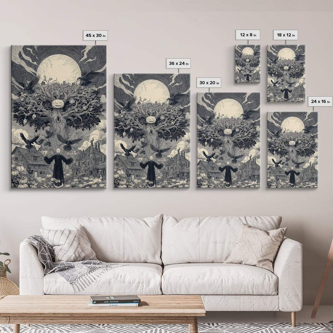 The Pumpkin Patch Maze, Victorian Macabre Art, Vertical Wall Art, Dark Halloween Decor, Framed Canvas Print, Halloween Wall Art