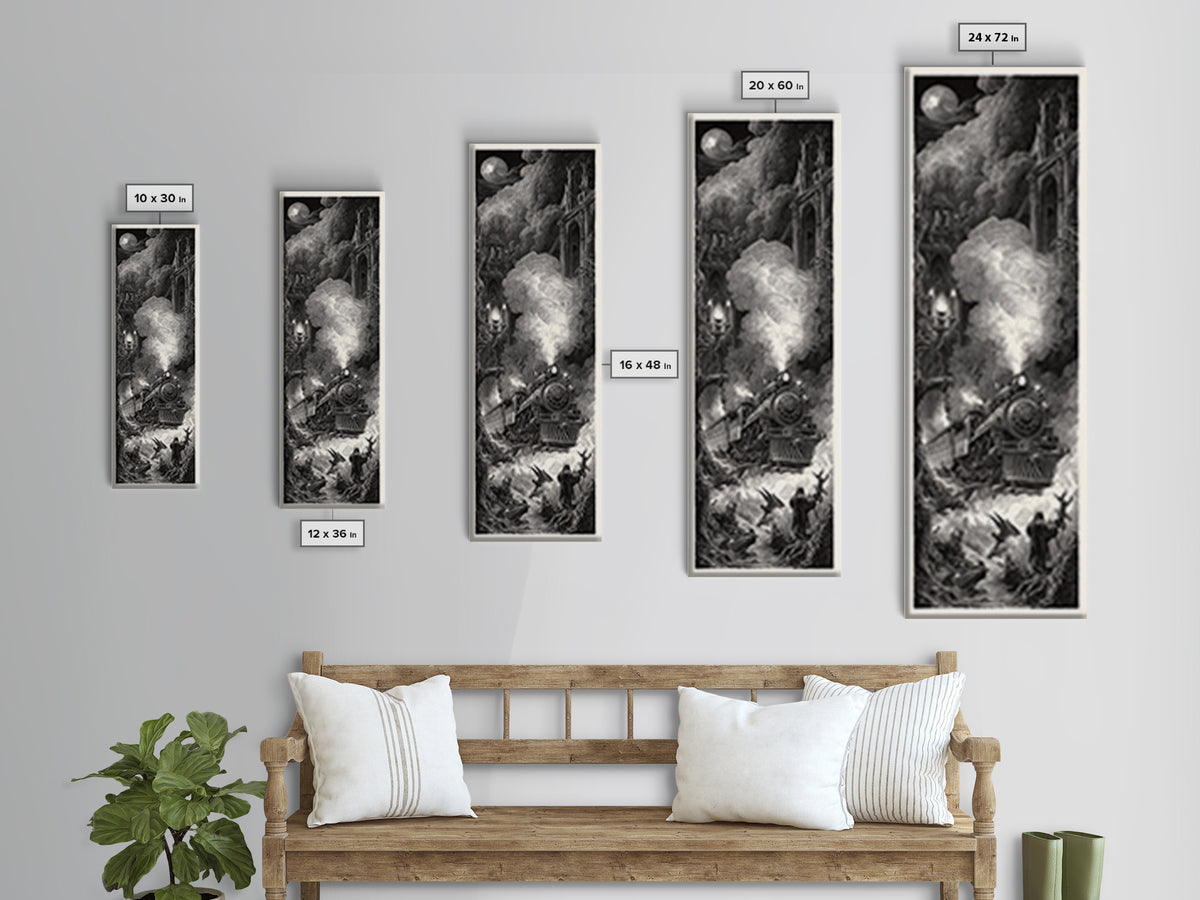 The Abandoned Train Station, Gothic Engraving Art, Tall Narrow Wall Art, Dark Halloween Decor, Canvas Print, Halloween Wall Art