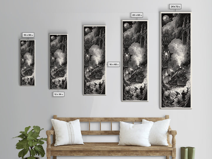 The Abandoned Train Station, Gothic Engraving Art, Tall Narrow Wall Art, Dark Halloween Decor, Canvas Print, Halloween Wall Art