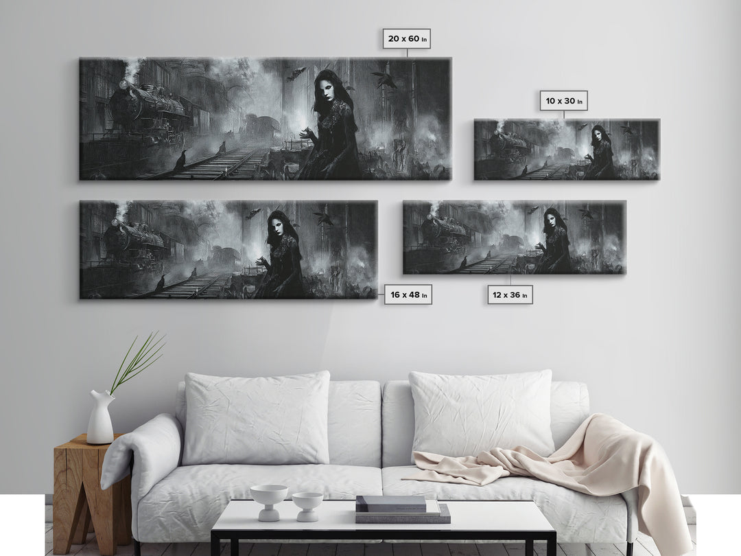 The Abandoned Train Station, Renaissance Engraving Art, Extra Wide Wall Art, Dark Halloween Decor, Canvas Print, Halloween Wall Art