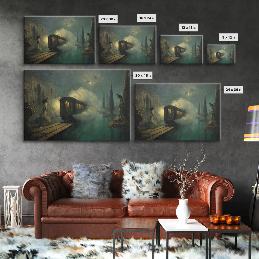 The Abandoned Train Station, Symbolist Gothic Landscape, Landscape Wall Art, Dark Halloween Decor, Framed Canvas Print, Halloween Wall Art