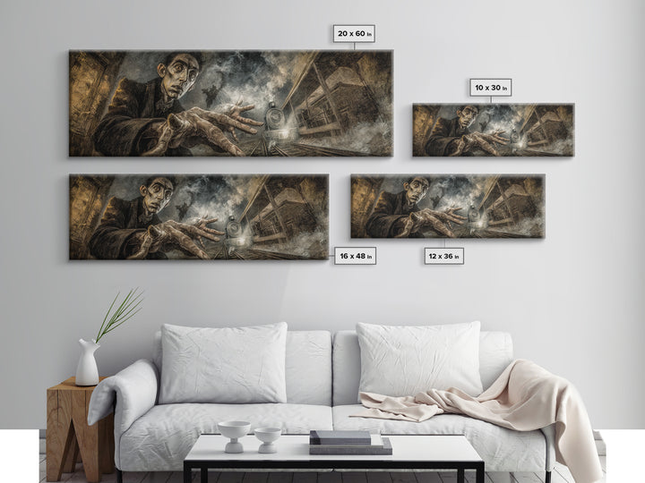 The Abandoned Train Station, Expressionist Gothic Art, Extra Wide Wall Art, Macabre Wall Art, Framed Canvas Print, Halloween Wall Art