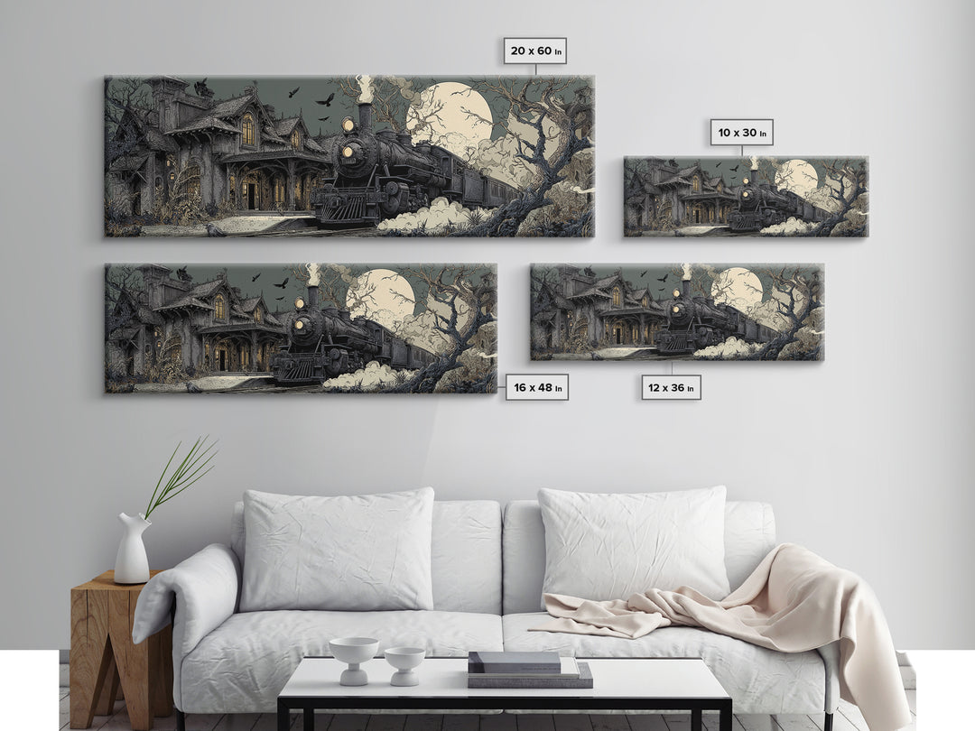 The Abandoned Train Station, Victorian Macabre Art, Extra Wide Wall Art, Dark Halloween Decor, Framed Canvas Print, Halloween Wall Art