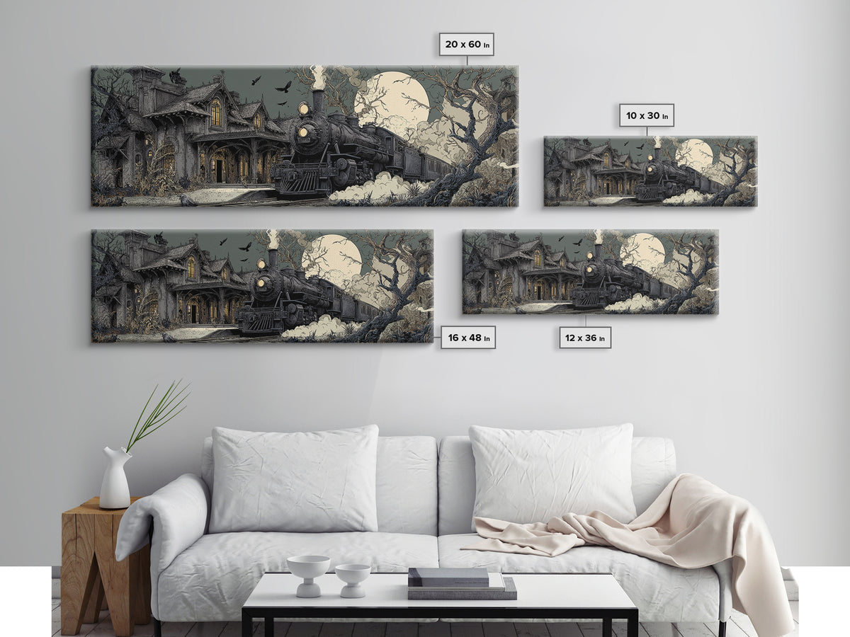 The Abandoned Train Station, Victorian Macabre Art, Extra Wide Wall Art, Dark Halloween Decor, Framed Canvas Print, Halloween Wall Art