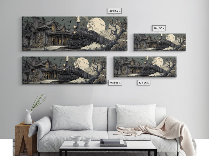 The Abandoned Train Station, Victorian Macabre Art, Extra Wide Wall Art, Dark Halloween Decor, Framed Canvas Print, Halloween Wall Art