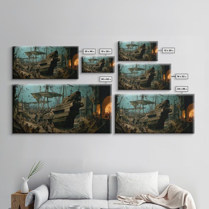 The Shipwreck Cove, Northern Renaissance Horror, Wide Panoramic Art, Dark Halloween Decor, Canvas Print, Halloween Wall Art
