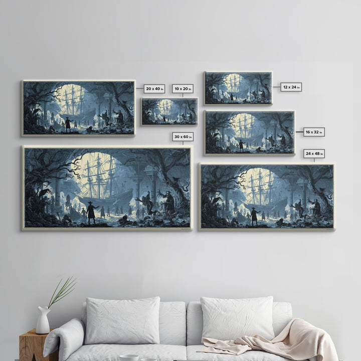 The Shipwreck Cove, Macabre Folk Print Art, Wide Panoramic Art, Macabre Wall Art, Framed Canvas Print, Halloween Wall Art