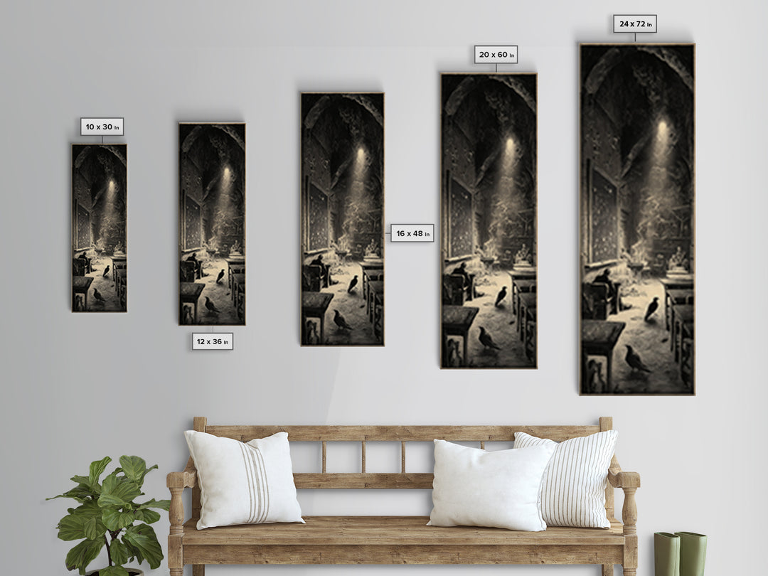 The Silent Schoolhouse, Gothic Engraving Art, Tall Narrow Wall Art, Gothic Horror Wall Art, Framed Canvas Print, Halloween Wall Art