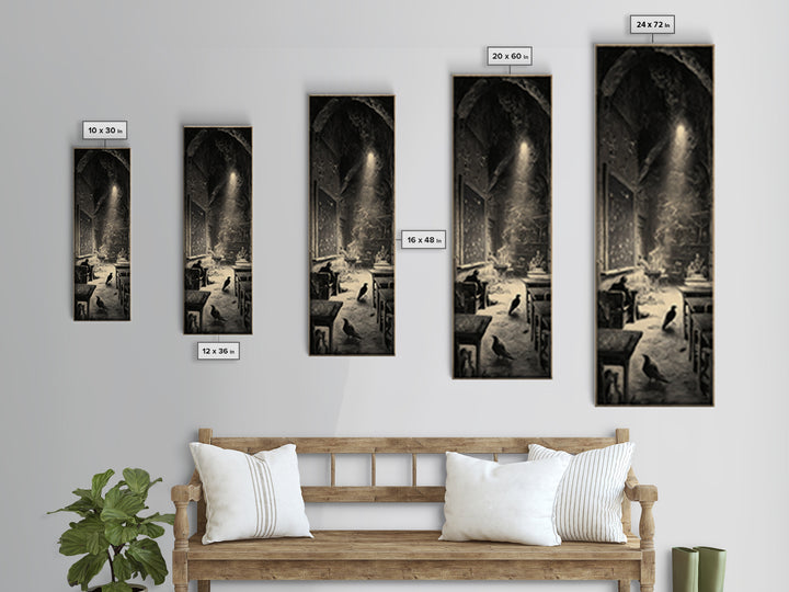 The Silent Schoolhouse, Gothic Engraving Art, Tall Narrow Wall Art, Gothic Horror Wall Art, Framed Canvas Print, Halloween Wall Art