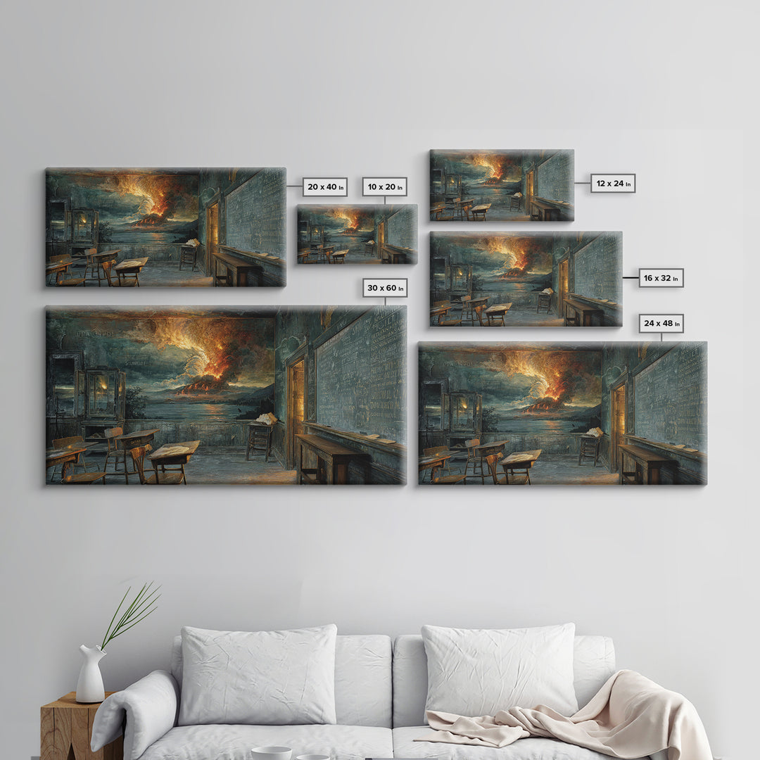 The Silent Schoolhouse, Apocalyptic Romantic Art, Wide Panoramic Art, Dark Halloween Decor, Framed Canvas Print, Halloween Wall Art