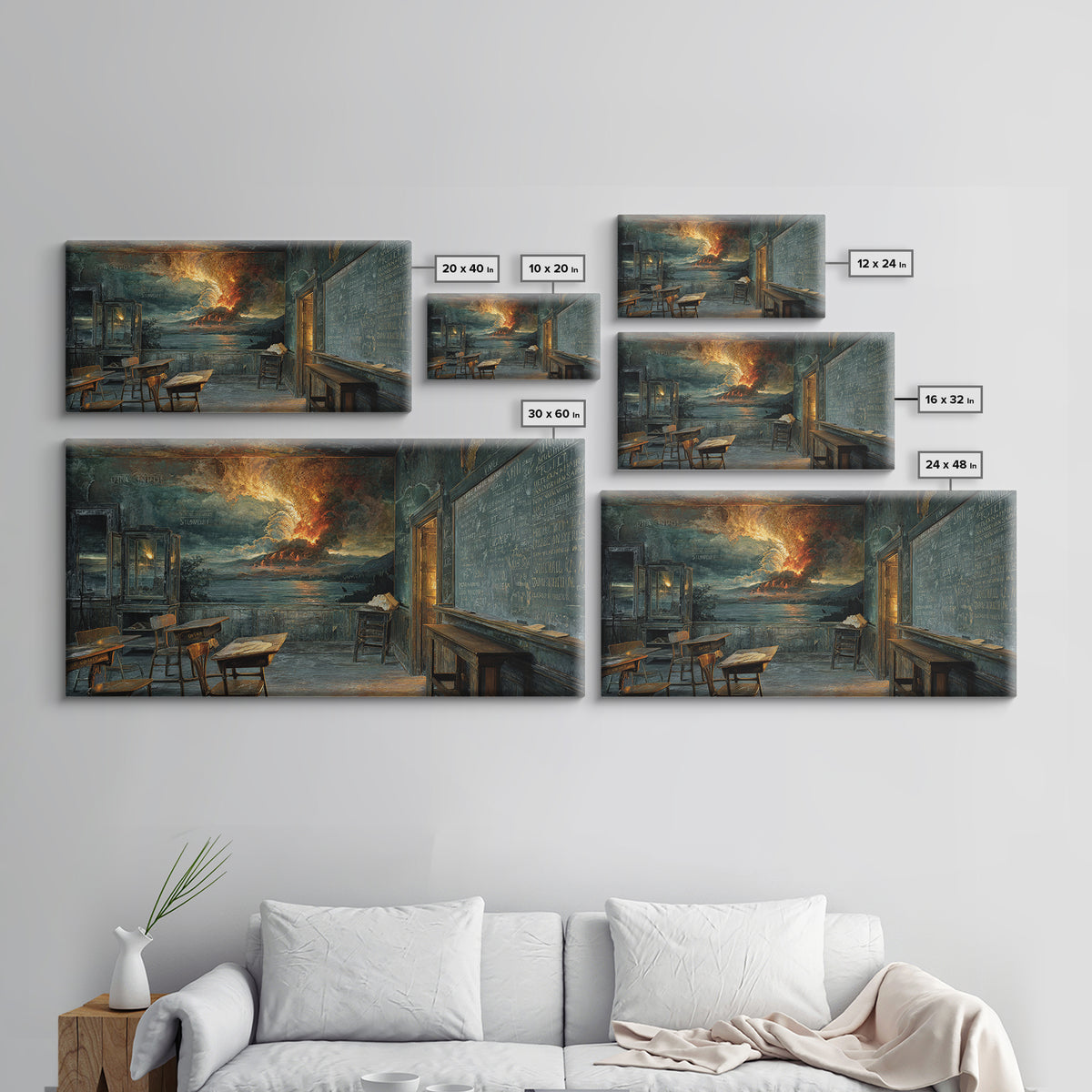 The Silent Schoolhouse, Apocalyptic Romantic Art, Wide Panoramic Art, Dark Halloween Decor, Framed Canvas Print, Halloween Wall Art