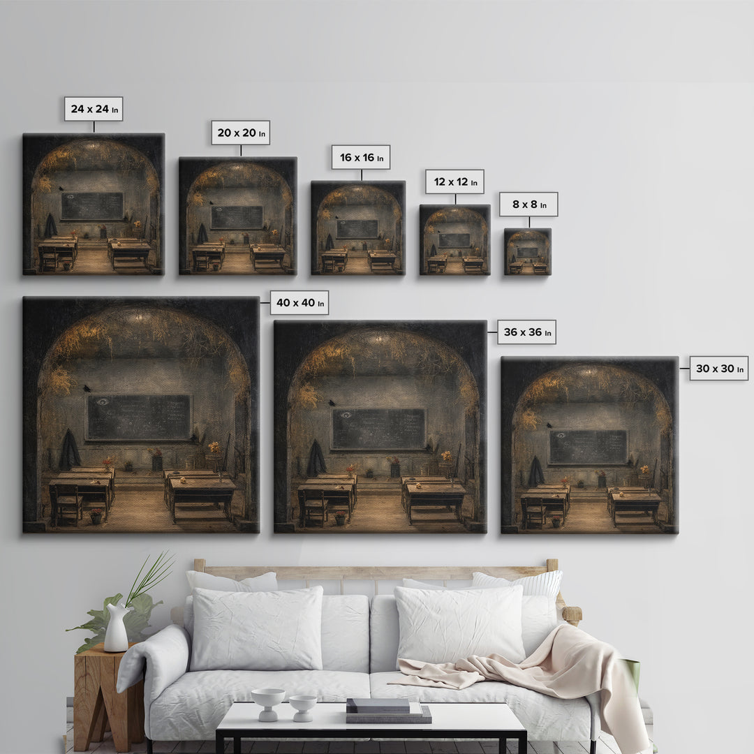 The Silent Schoolhouse, Symbolist Dream Art, Square Wall Art, Dark Halloween Decor, Framed Canvas Print, Halloween Wall Art