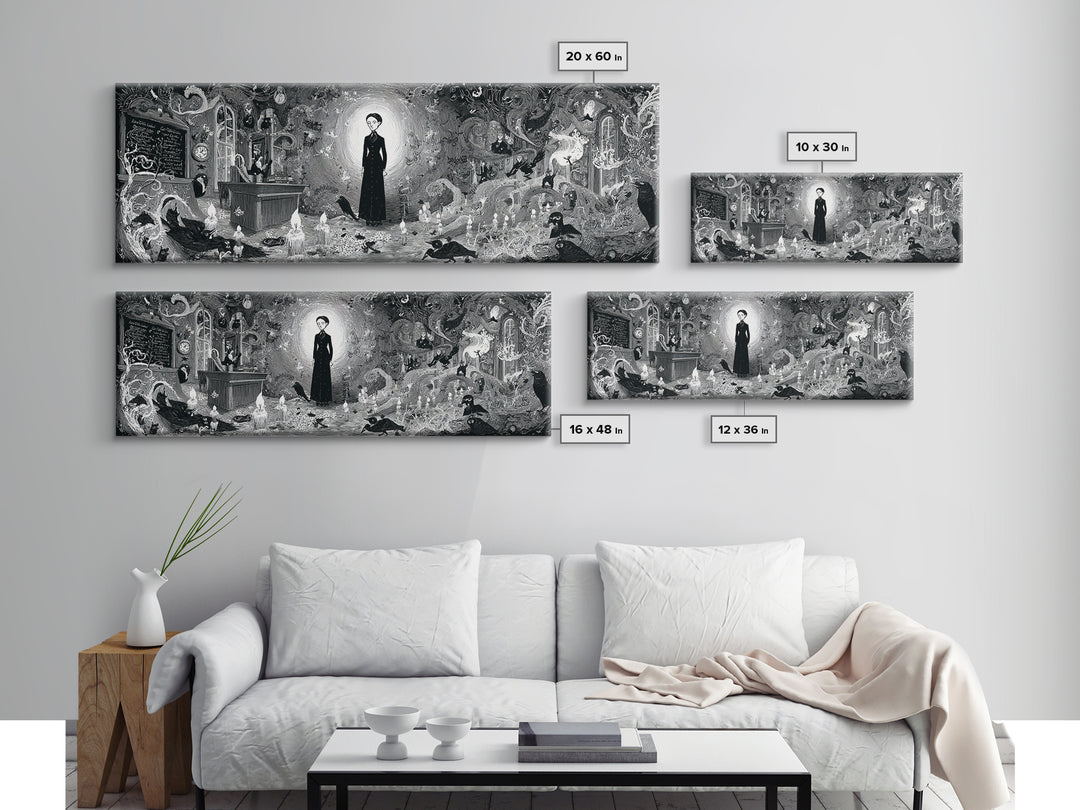 The Silent Schoolhouse, Decadent Line Art, Extra Wide Wall Art, Macabre Wall Art, Canvas Print, Halloween Wall Art